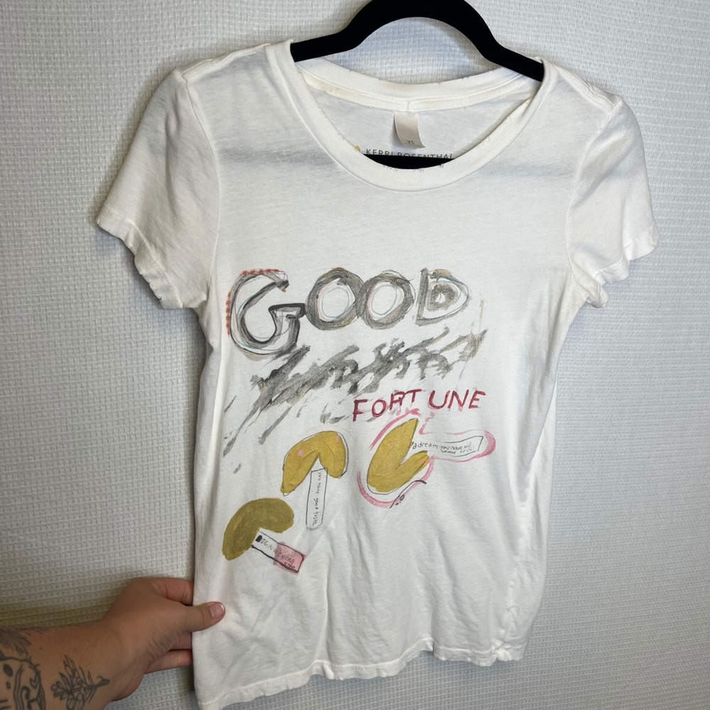 Kerri Rosenthal Good Fortune Graphic Tee White Cotton Distressed Neck XS